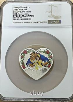 2021 Niue Disney BEAUTY & the BEAST 1 oz Silver Proof Heart Shaped Coin NGC PF70