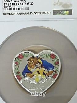 2021 Niue Disney BEAUTY & the BEAST 1 oz Silver Proof Heart Shaped Coin NGC PF70