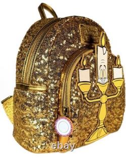 BNWT Loungefly Disney Beauty and the Beast Lumiere Gold Sequin Mini Backpack