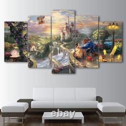 Beauty & The Beast Disney Cartoon Castle Framed 5 Piece Canvas Wall Art