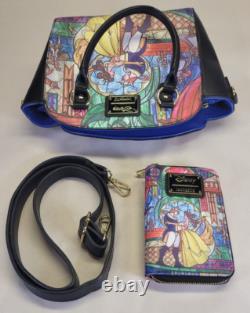 Disney Loungefly Beauty And The Beast Backpack Purse Wallet Set Stained Glass