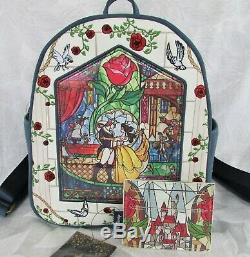 Disney Loungefly Beauty & the Beast Mini Backpack Stained Glass & Cardholder NWT