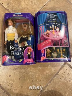 Lot of 2 Vintage Beauty and the Beast Disney Dolls and Musical Table Set NRFB