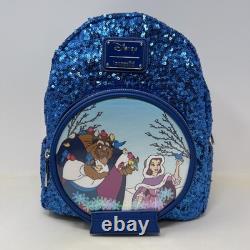 Loungefly Disney Beauty And The Beast Mini Backpack Womens Sequin Blue Snowglobe