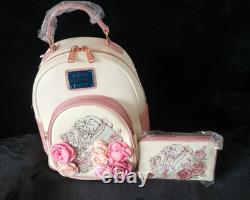 Loungefly Disney Beauty and The Beast 3D Floral Rose Mini Backpack & Wallet NWT