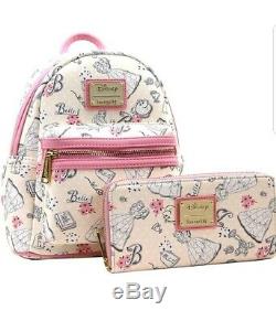 Loungefly Disney Beauty and the Beast Belle Pink Allover Backpack & Wallet Set