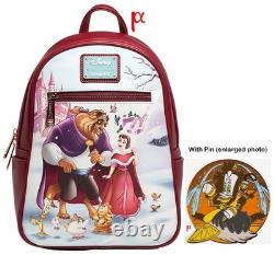 Loungefly Disney Beauty and the Beast Cast Characters Winter Snow Backpack & Pin
