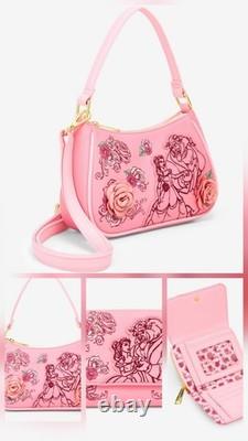 Loungefly Disney Beauty and the Beast Pink Roses Shoulder Bag Purse And WALLET