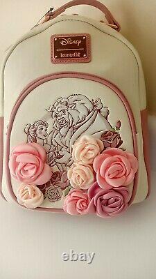 New Disney Loungefly Rose Floral Flower Beauty & The Beast Belle Mini Backpack