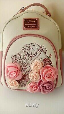 New Disney Loungefly Rose Floral Flower Beauty & The Beast Belle Mini Backpack