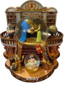RARE VTG Disney Beauty and the Beast Library Double Snow Globe Music Box 90's