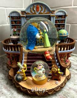 RARE VTG Disney Beauty & the Beast Library Double Snow Globe Music Box 90's L92