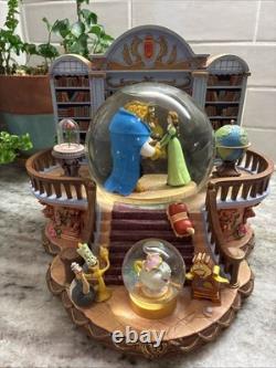 RARE VTG Disney Beauty & the Beast Library Double Snow Globe Music Box 90's L92