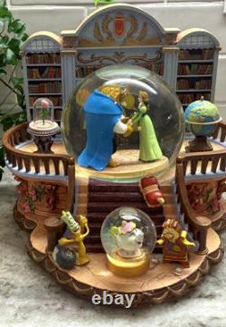 RARE VTG Disney Beauty & the Beast Library Double Snow Globe Music Box 90's L92