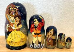 Rare Htf Disney Matryoshka Beauty & The Beast Hand Painted Nesting Wooden Dolls