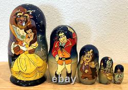 Rare Htf Disney Matryoshka Beauty & The Beast Hand Painted Nesting Wooden Dolls