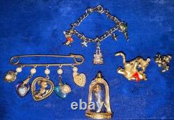 Vintage Signed Disney Jewelry Lot Mickey Pooh Charm Bracelet Beauty Beast