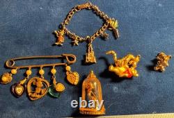 Vintage Signed Disney Jewelry Lot Mickey Pooh Charm Bracelet Beauty Beast